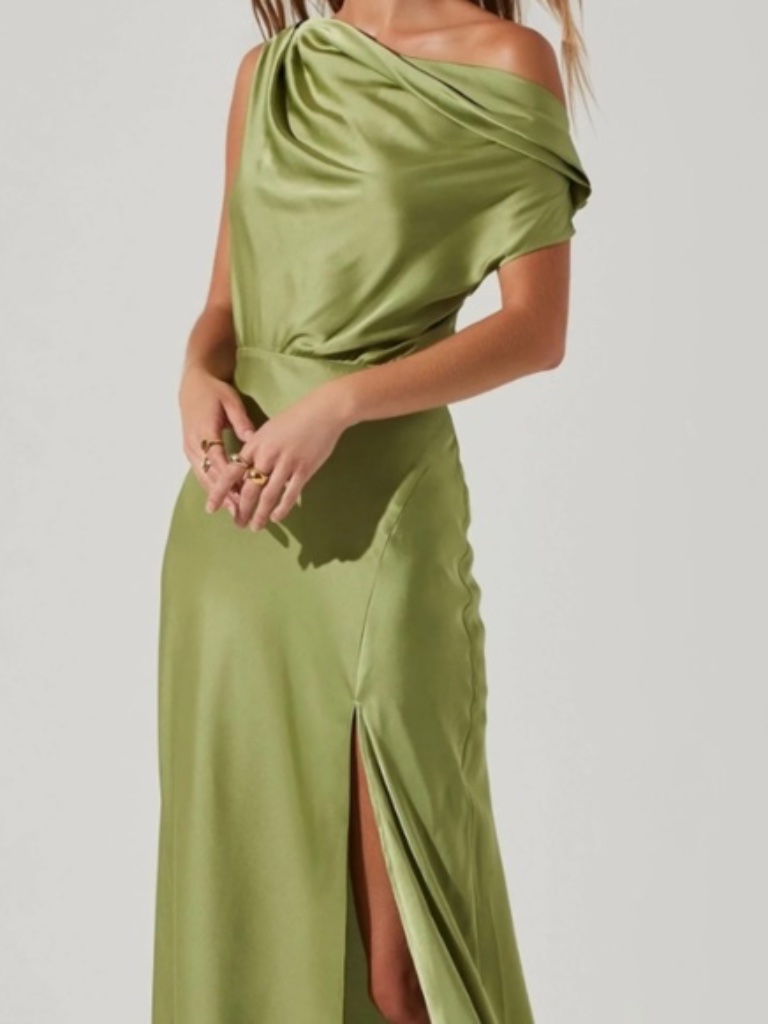 Astr The Label Green Monroe Satin Off Shoulder Maxi Dress Xs